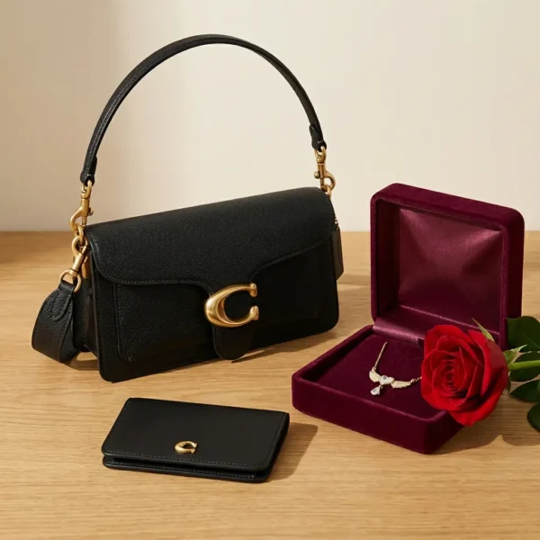 #Pack Handbag Goach original full black and gold with wallet and gold Necklace